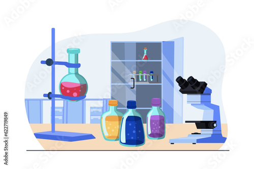 Laboratory equipment on table vector illustration. Test tubes, beakers, bottles with colorful liquid and microscope ready for experiment. Lab testing, science concept