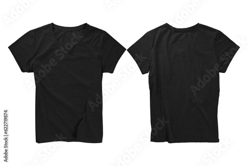 Women's black blank T-shirt template, from two sides, for your design mockup for print, isolated on white background. front and back view. T-shirt with V-neck.3d rendering.
