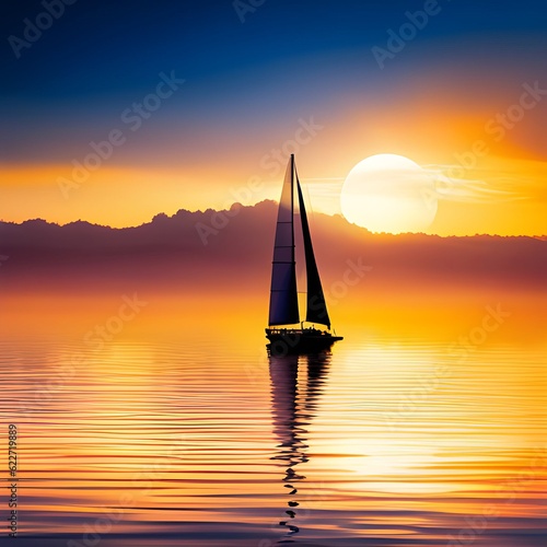Sailboat on sunset lake with water reflection
