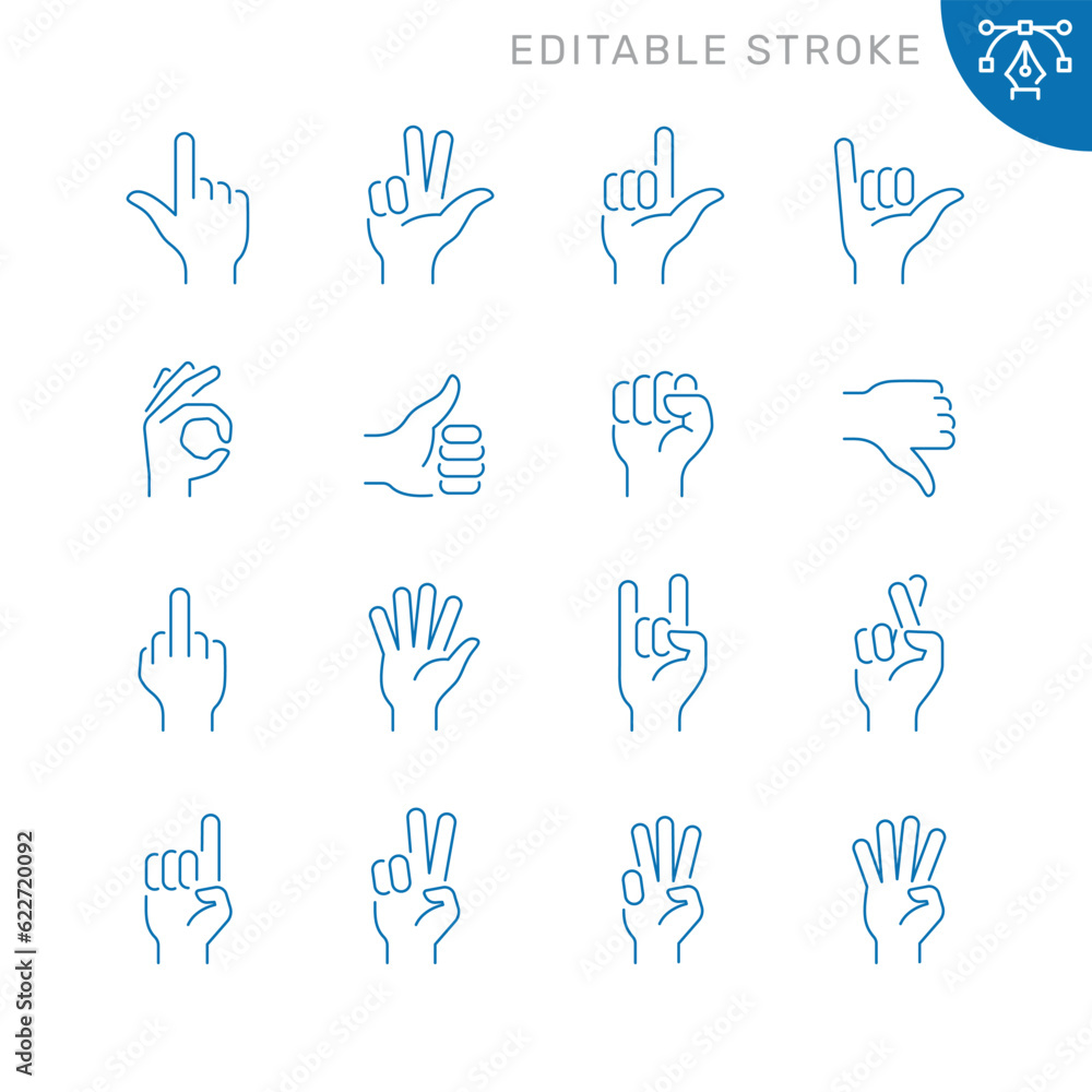 Vector line set of icons related with hand gestures. Contains monochrome icons like finger, gesture, palm, hand, fist and more. Simple outline sign. Editable stroke. Vector line set of icons related with hand gestures. Contains monochrome icons like finger, gesture, palm, hand, fist and more. Simple outline sign. Editable stroke.