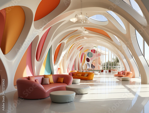 Lounge area design with an organic design concept, abstract and full of curve elements. The vibrant and playful color palette for the interior wall and furniture. 