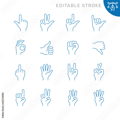 Vector line set of icons related with hand gestures. Contains monochrome icons like finger, gesture, palm, hand, fist and more. Simple outline sign. Editable stroke.