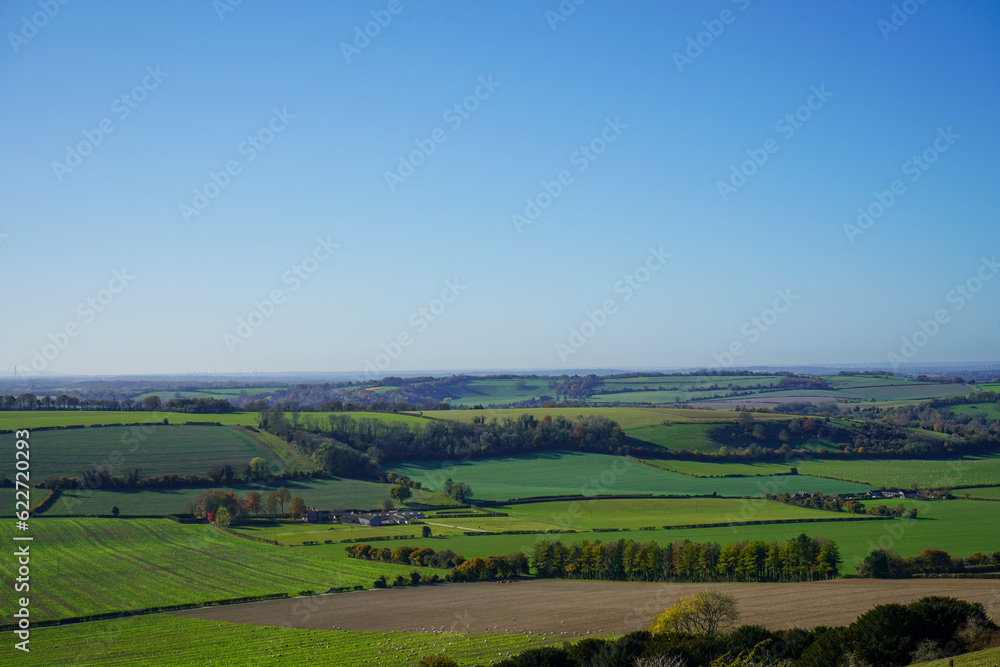 Views over wide open countryside and  farm fields