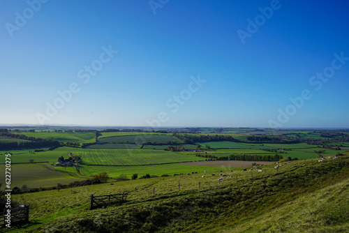 Views over wide open countryside and farm fields
