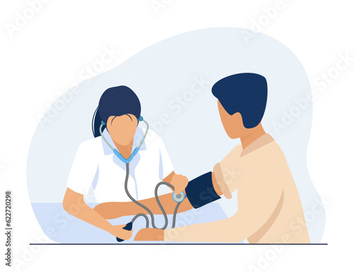 Nurse measuring blood pressure vector illustration. Sick patient visiting hospital, doctor using stethoscope, blood pressure cuff and other medical equipment. Health care, medicine concept