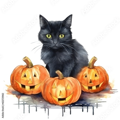 Watercolor black Halloween cat with pumpkin on white background Generative AI  © LayerAce.com