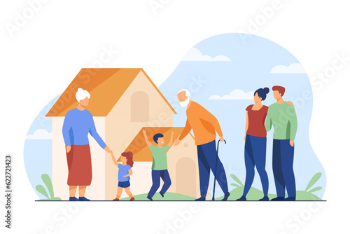 Parents bringing kids to grandparents house vector illustration. Cartoon drawing of big family, children playing with elderly people. Family, communication, love, connection, relationship concept