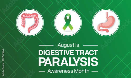 Digestive Tract Paralysis Awareness Month design with a ribbon, a stomach and an intestine . Vector illustration