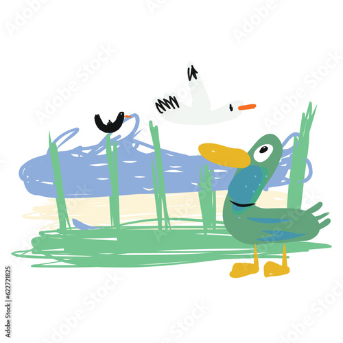 Doodle of birds flying over dune beach landscape with a duck. Vector Illustration.