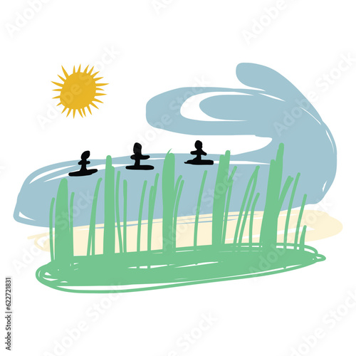 Doodle of silhouette of people surfing on water. Landscape of beach. Vector Illustration.