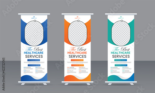 Professional health care and medical roll up design, standee and banner template decoration for exhibition, printing, presentation and flyer design
