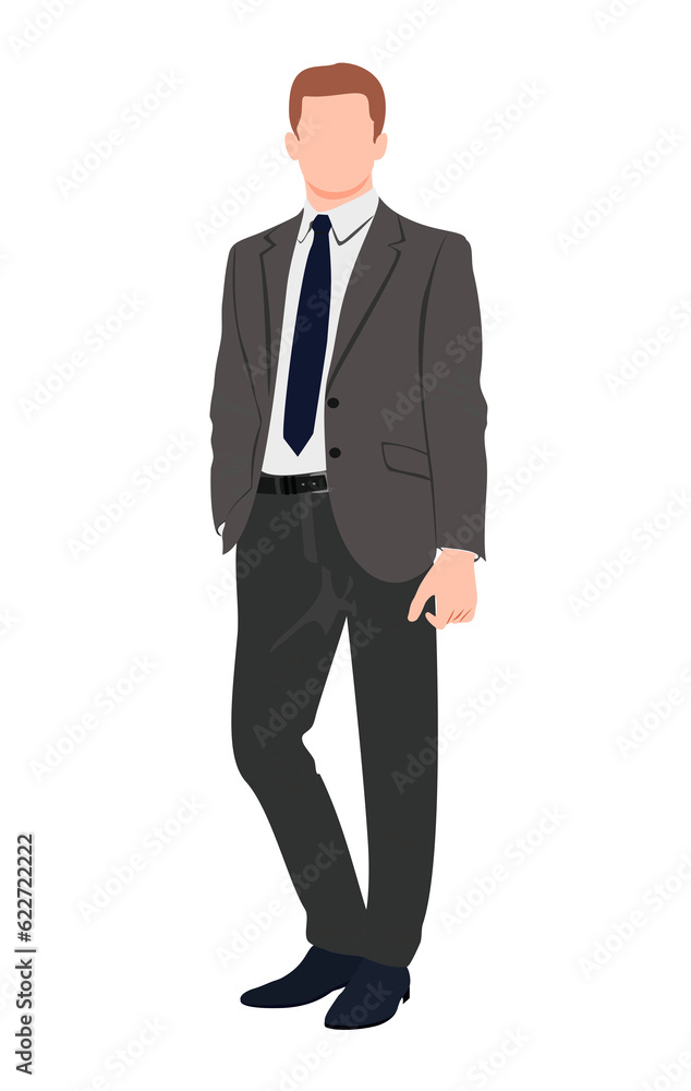 Young businessman standing. Confident man in formal outfit full length. Flat realistic illustration. Young businessman standing. Confident man in formal outfit full length. Flat realistic illustration.