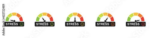 Stress level meter icon set. Emotion overload, burnout and fatigue from work. Stress regulation, safe health. Stress level meter gauge emotion stages. Vector illustration photo