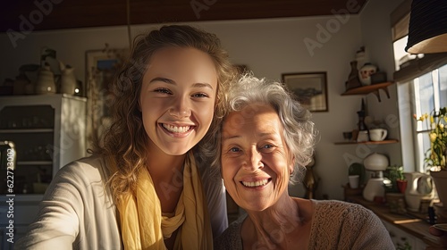 happy mother and daughter taking photo together in home, Generative Ai photo