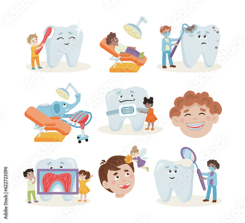Happy children and oral hygiene vector illustrations set. Cartoon drawings of tiny boys and girls cleaning huge teeth, kids in dentist office. Dentistry, oral hygiene, dental care, childhood concept