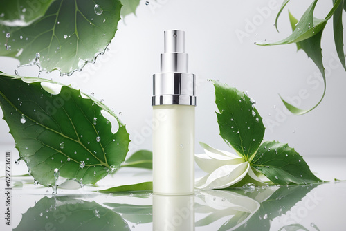 Realistic 3D of skincare cream  luxury cosmetic bottles  beauty cosmetic product poster with water droplets and green leaf on white background.