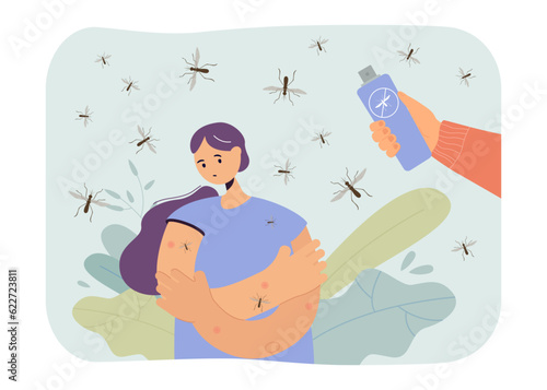 Young woman suffering from mosquito bites vector illustration. Hand holding bottle of repellent spray for fighting insects in summer. Skin care and protection, cosmetic concept