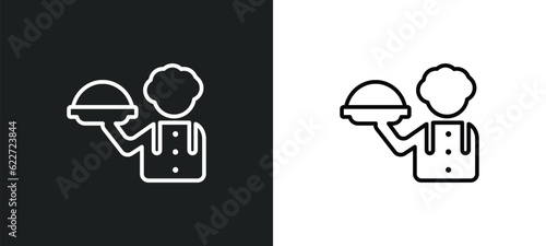 waiter with a roast chicken outline icon in white and black colors. waiter with a roast chicken flat vector icon from food collection for web, mobile apps and ui.