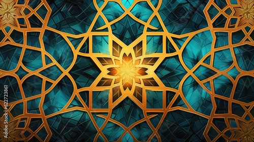 3d illustration of blue background with golden ornament pattern and an intricate Islamic background texture