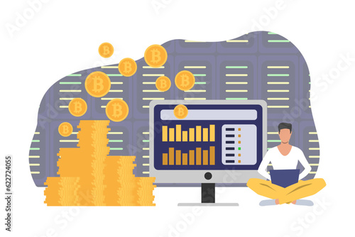 Man with laptop mining cryptocurrency vector illustration. Cartoon drawing of pile of gold coins, businessman farming virtual money. Cryptocurrency, technology, finances, investment, ecommerce concept