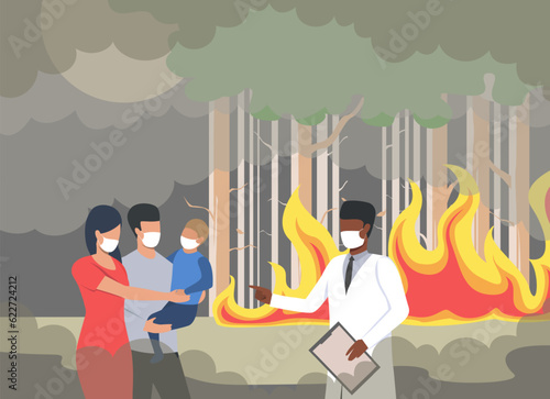 Parents protecting child from wildfire vector illustration. Doctor examining effects of smoke pollution on health of patients, forests burning in background. Forest fires, air pollution concept