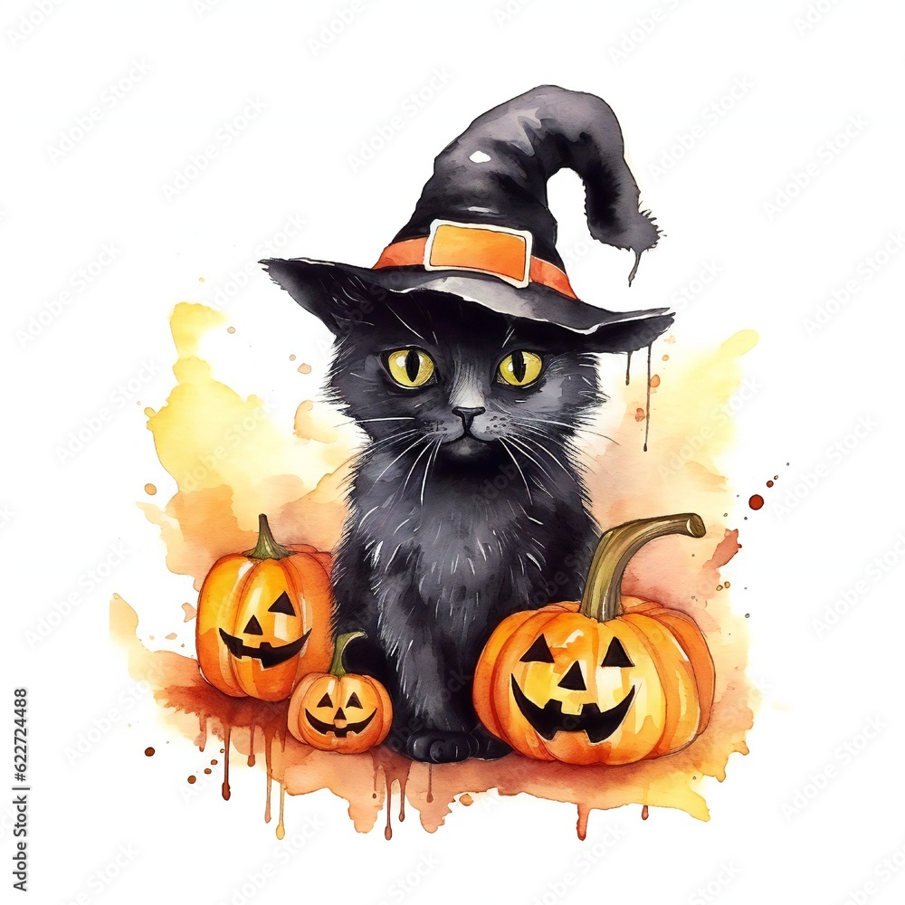Watercolor black Halloween cat with hat and pumpkin on white background Generative AI Watercolor black Halloween cat with hat and pumpkin on white background Generative AI