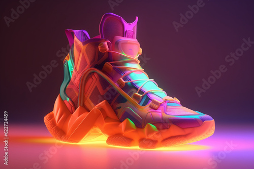 Futuristic neon sneaker shoe design isolated on a dark purple background