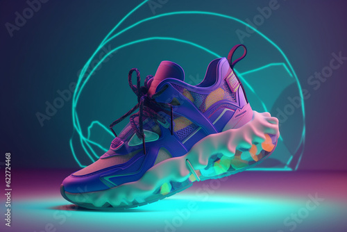 Purple sneaker shoe design with vibrant and neon abstract background