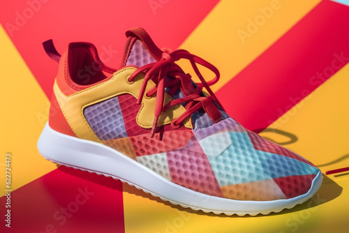 Close-up of a one of a kind sneaker design with yellow and red lines made by generative ai