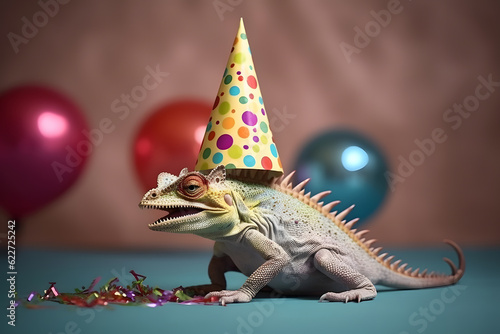 Funny and friendly cute chameleon wearing a brithday party hat in studio, on a vibrant, colorful background. Generative AI © Mihai Zaharia