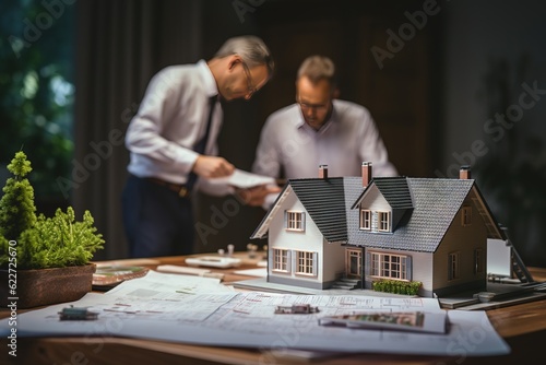 Real estate agent showing house model to customer after signing agreement contract, home owner, mortgage, home loan, realty. Generative AI