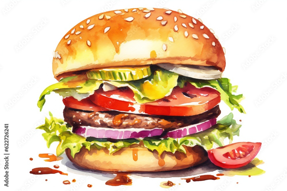 Watercolor burger on white background Generative AI Watercolor burger on white background Generative AI