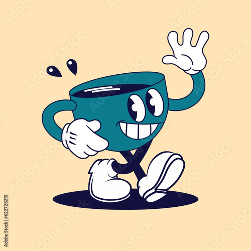 A cheerful, vintage cartoon-style coffee cup mascot with a wide smile and limbs is depicted walking and waving with one hand on a solid beige background, vector illustration