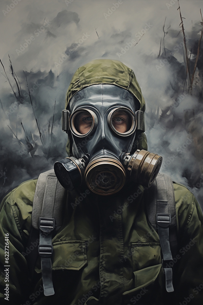 Army soldier in combat uniform in a gas mask with a chemical protection mask and in and a combat helmet on. Generative AI Army soldier in combat uniform in a gas mask with a chemical protection mask and in and a combat helmet on. Generative AI