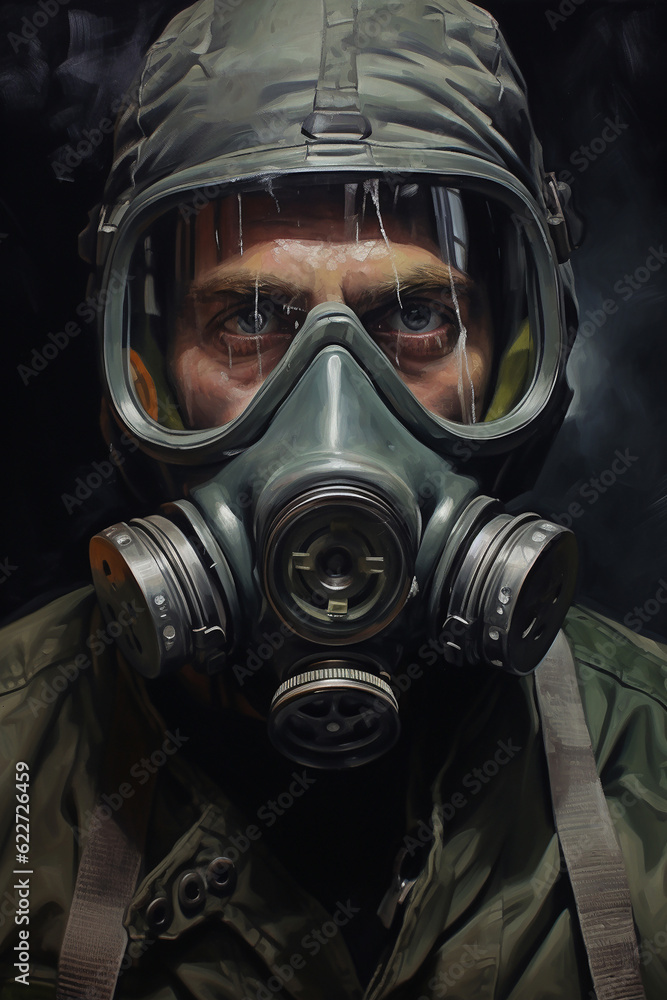 Army soldier in combat uniform in a gas mask with a chemical protection mask and in and a combat helmet on. Generative AI Army soldier in combat uniform in a gas mask with a chemical protection mask and in and a combat helmet on. Generative AI