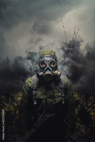 Army soldier in combat uniform in a gas mask with a chemical protection mask and in and a combat helmet on. Generative AI