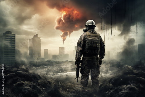 A soldier in a modern army uniform with a helmet on his head and wearing a gas mask stands with his back turned, looking at a destroyed and ruined city. Generative AI