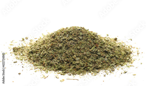 Dry chopped marjoram leaves isolated on white, side view