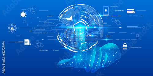 Cyber security of futuristic low poly wireframe hand pressing hud ui circle protection system concept. Future technology online shopping, shield, padlock, wifi protection vector background.