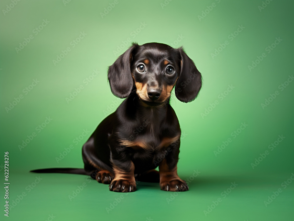 Dachshund puppy sitting on a light green background
