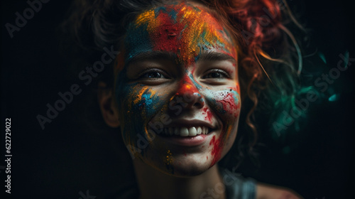 portrait of a woman with a colorfull mask on their face and hair