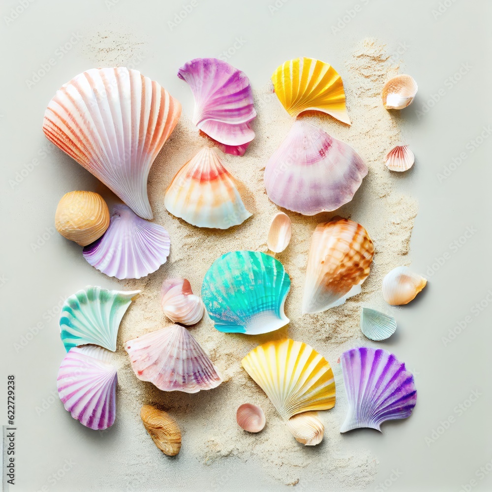 Sea Shell Texture Background, Colorful Seashell Pattern, Sea Shells on Sand, Abstract Generative AI Illustration Sea Shell Texture Background, Colorful Seashell Pattern, Sea Shells on Sand, Abstract Generative AI Illustration