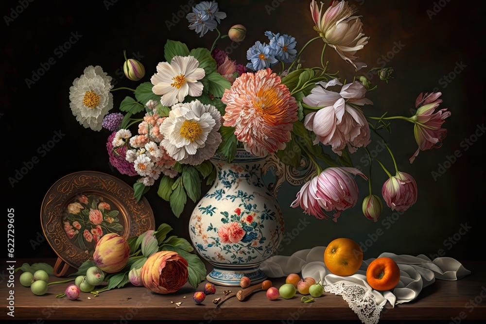 Flower Still Life Bouquet in Vintage Vase, Ancient Dutch Masters Imitation, Abstract Generative AI Illustration