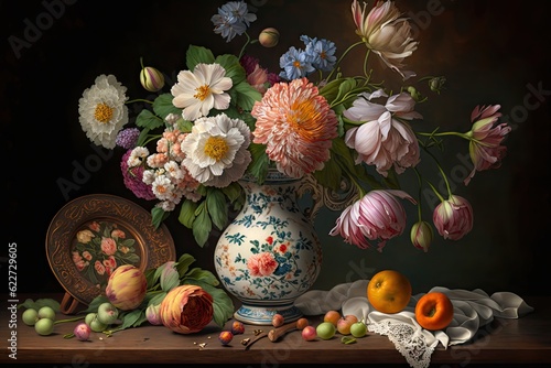 Obraz na płótnie Flower Still Life Bouquet in Vintage Vase, Ancient Dutch Masters Imitation, Abstract Generative AI Illustration w salonie