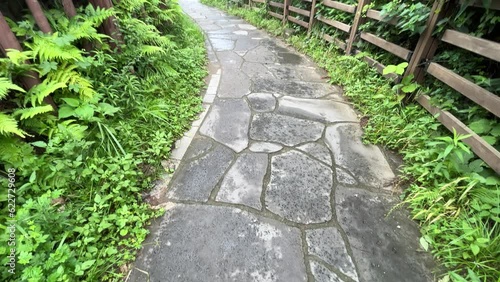 Tilt up from a stone pathway to the unknown destination. 