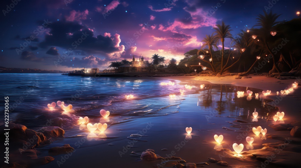 Fototapeta premium Romantic Beach Fantasy Sparkling Hearts, Opals, and Rose Circle in a Dreamlike Setting