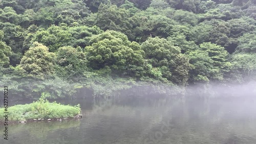 Mist hovering over a river, pan down the river
