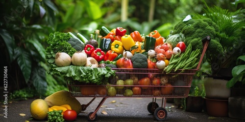 Shopping cart filled with fruits and vegetables growing into a lush garden   concept of Farm to table  created with Generative AI technology