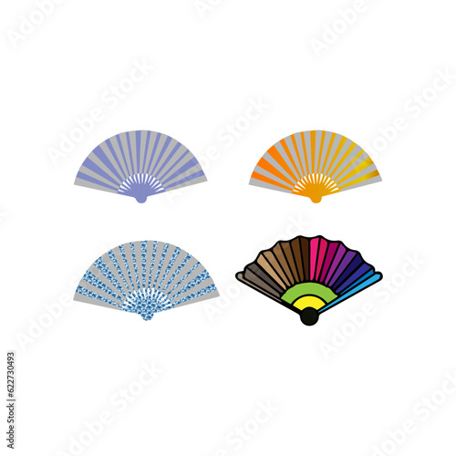 Realistic Detailed different Color  hand fans set symbol of culture. Vector illustration folding fan. Decorative folding fan set for man and woman. Vector illustration. Isolated on white background.