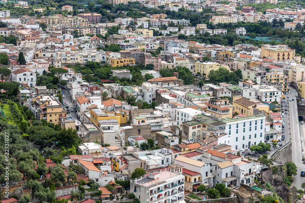 Close-up of Sorrento coastal town, in southwestern Italy, facing the Bay of Naples on the Sorrentine Peninsula